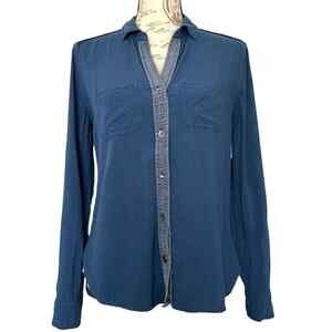 Rock & Republic Blue Roll Sleeve Button Front‎ Shirt V-Neck Size XS